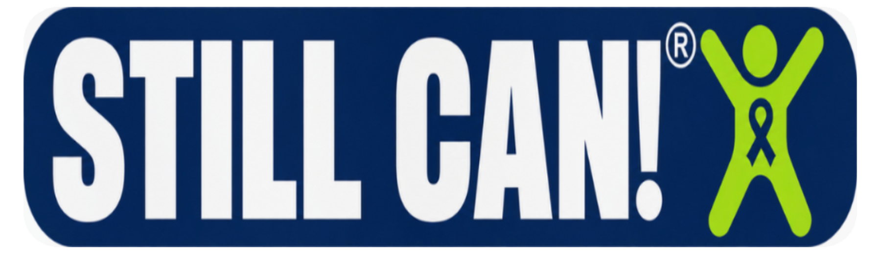 Still Can block lettering with a lime survivor figure and ribbon on a navy blue badge
