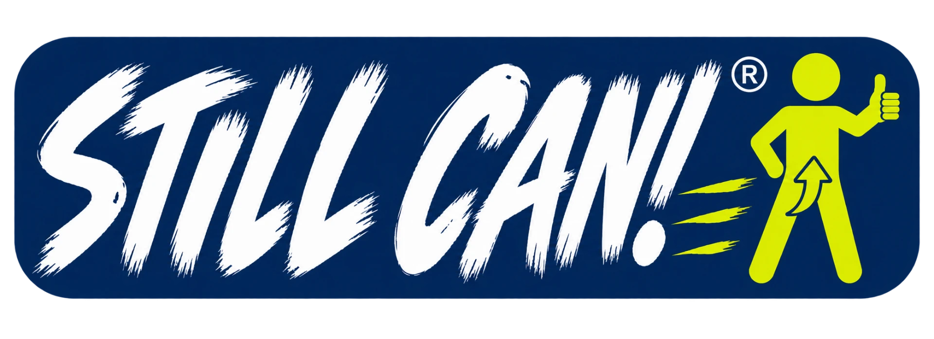 Still Can brushed lettering with a lime thumbs-up figure on a navy blue badge