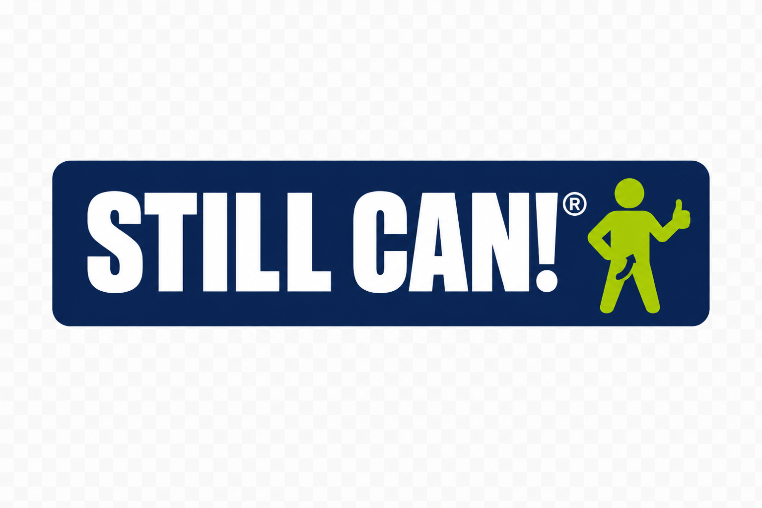 Still Can block lettering with a lime thumbs-up figure on a navy blue badge