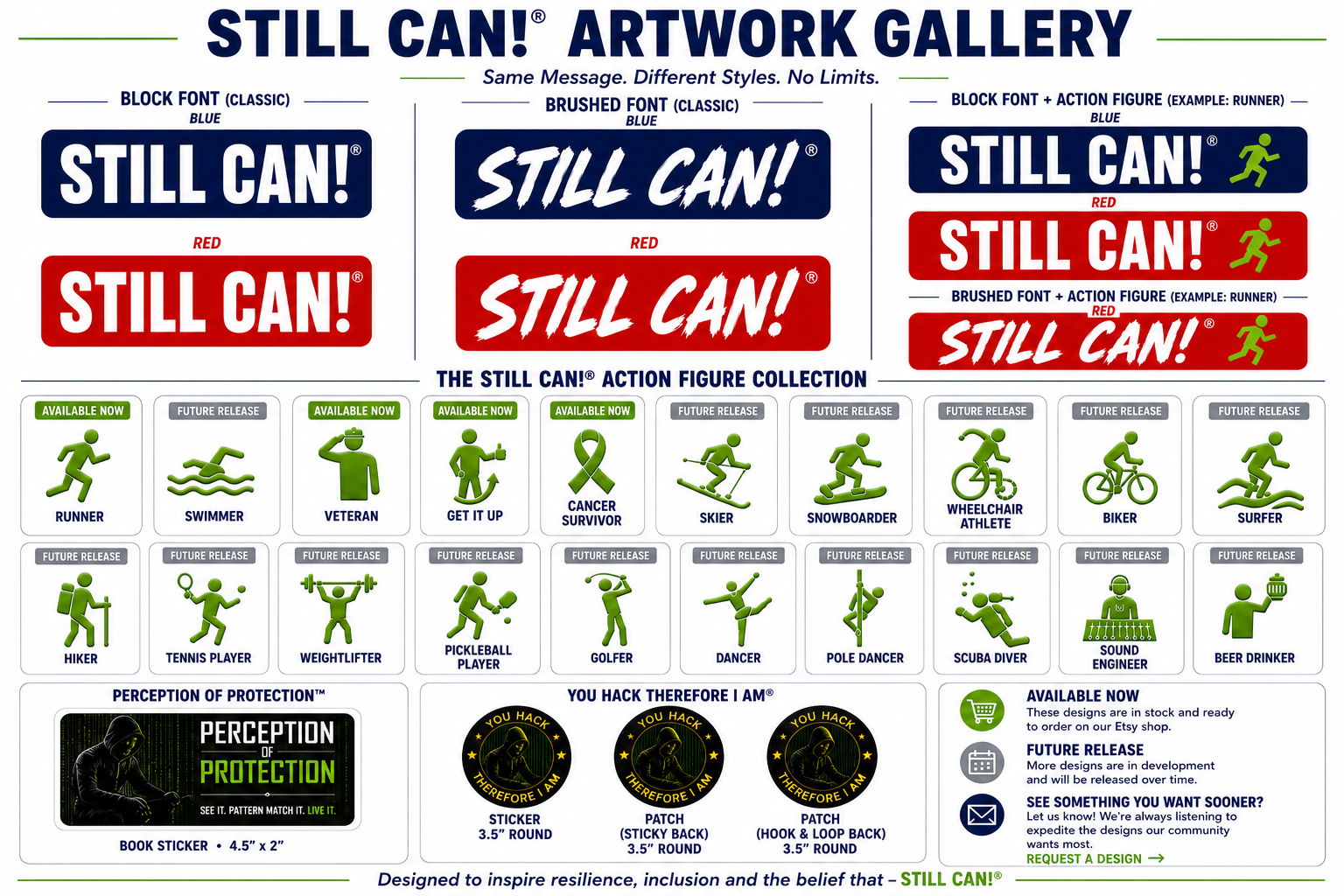 Overview of the Still Can collection showing block and brushed lettering styles, color options, and the full action figure collection