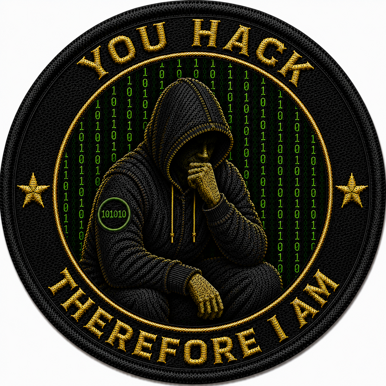 You Hack Therefore I Am embroidered circular patch with a hooded figure and binary rain